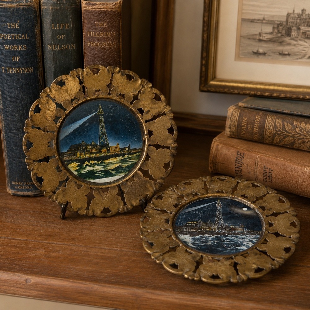 Vintage Brass Souvenir Plates Blackpool Tower Night Scene Set of 2 Filigree Edge